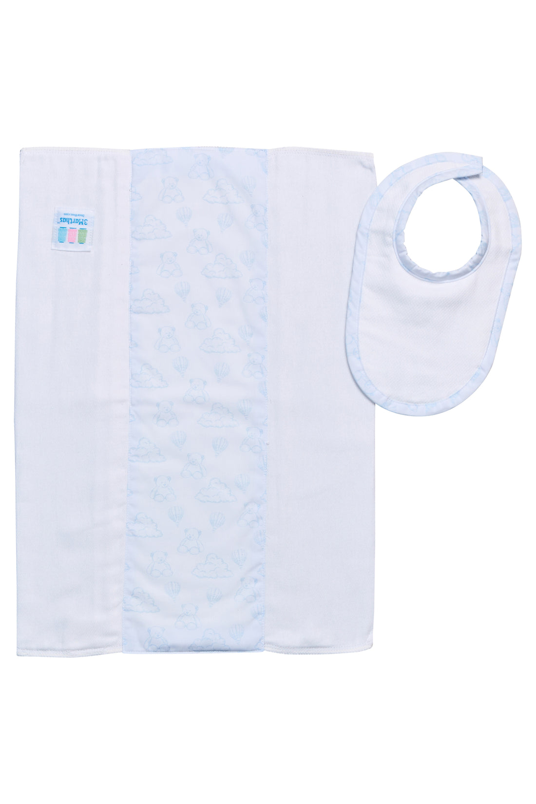Cotton newborn bib and burp set for baby with blue teddy bear toile fabric, 3 Marthas