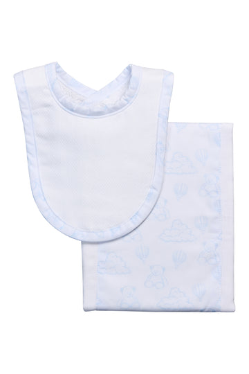Cotton newborn bib and burp set for baby with blue teddy bear toile fabric, 3 Marthas