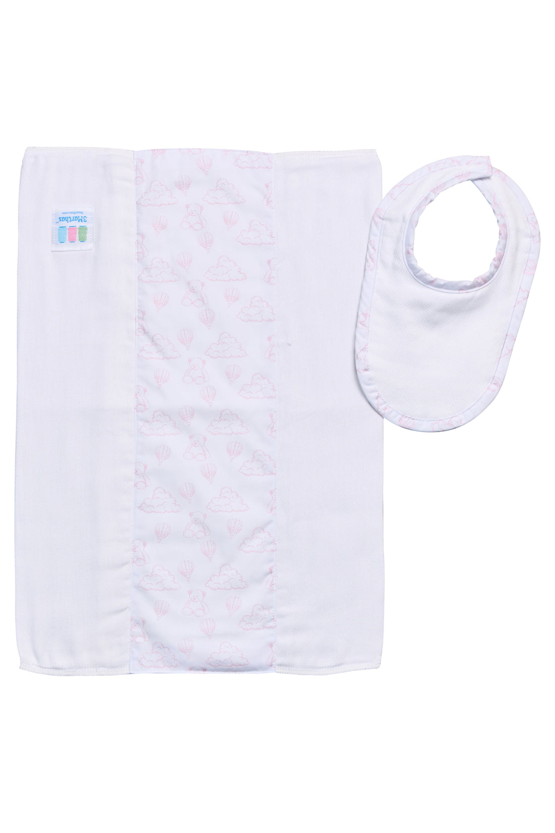 Cotton newborn bib and burp set for baby with pink teddy bear toile fabric, 3 Marthas
