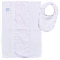 Cotton newborn bib and burp set for baby with pink teddy bear toile fabric, 3 Marthas