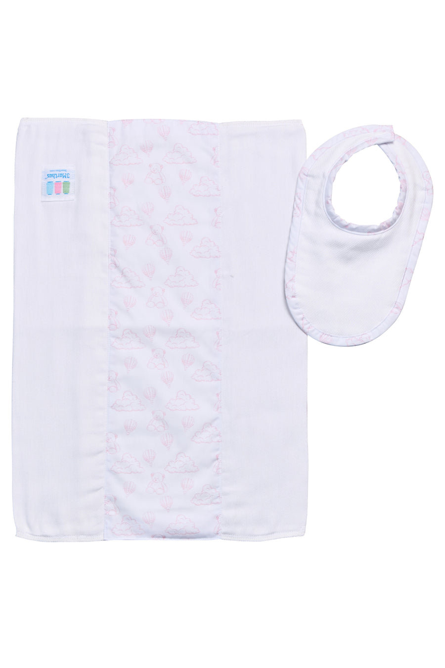 Cotton newborn bib and burp set for baby with pink teddy bear toile fabric, 3 Marthas