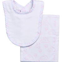 Cotton newborn bib and burp set for baby with pink teddy bear toile fabric, 3 Marthas