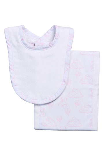 Cotton newborn bib and burp set for baby with pink teddy bear toile fabric, 3 Marthas