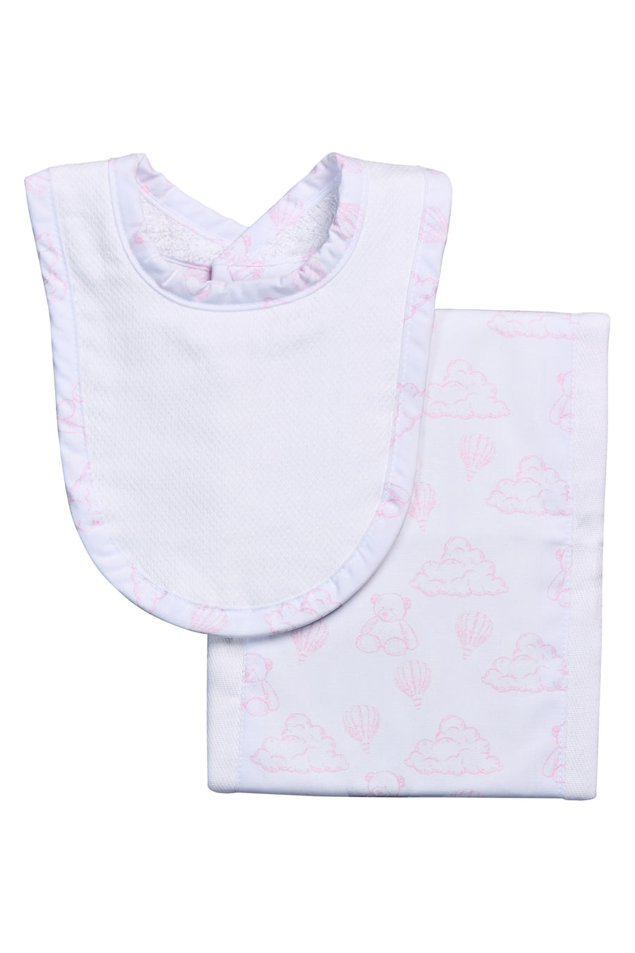 Cotton newborn bib and burp set for baby with pink teddy bear toile fabric, 3 Marthas