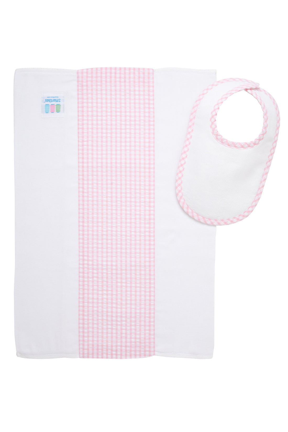 Cotton newborn bib and burp set for baby with pink gingham check fabric, 3 Marthas