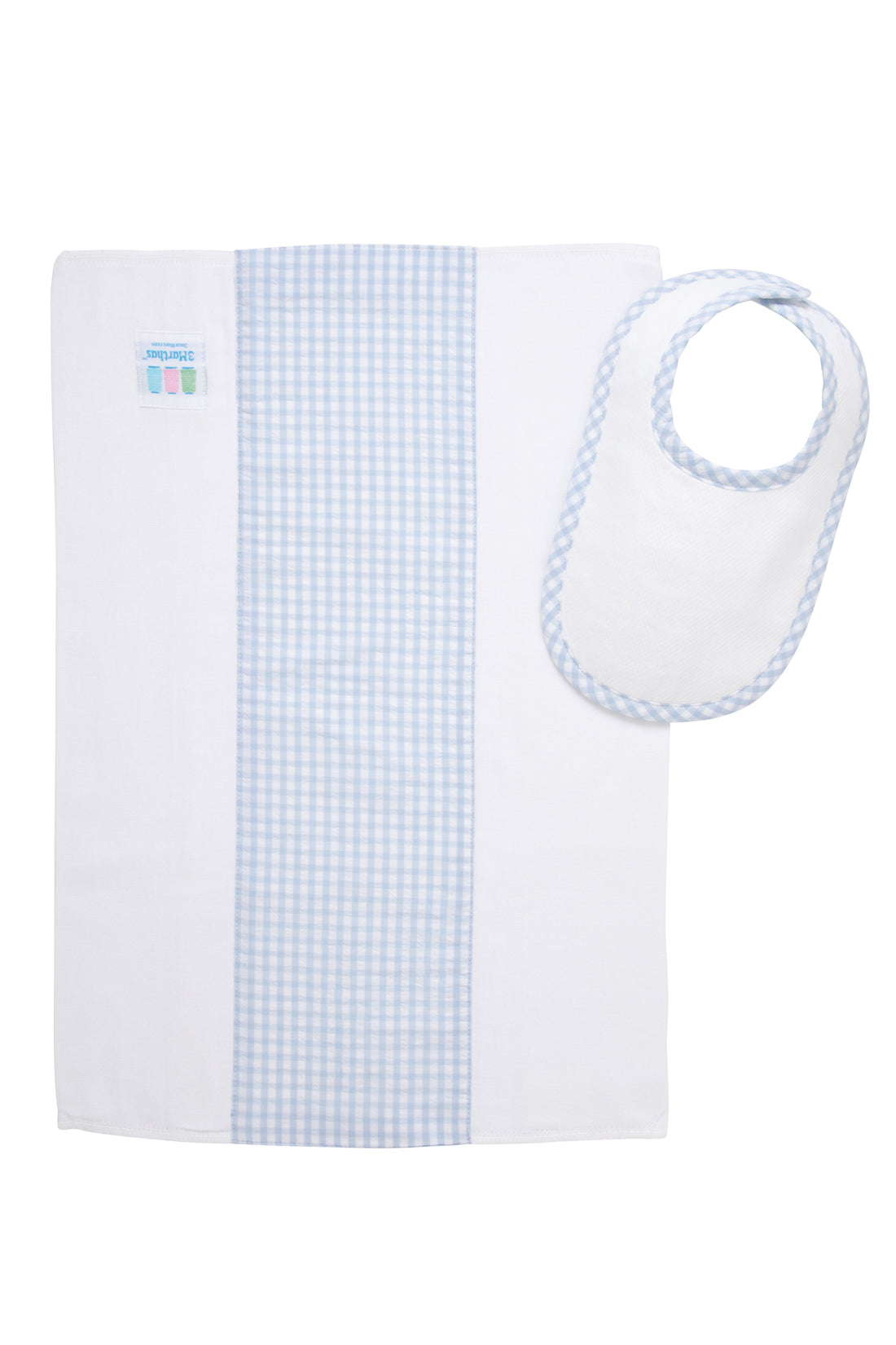 Cotton newborn bib and burp set for baby with blue gingham check fabric, 3 Marthas