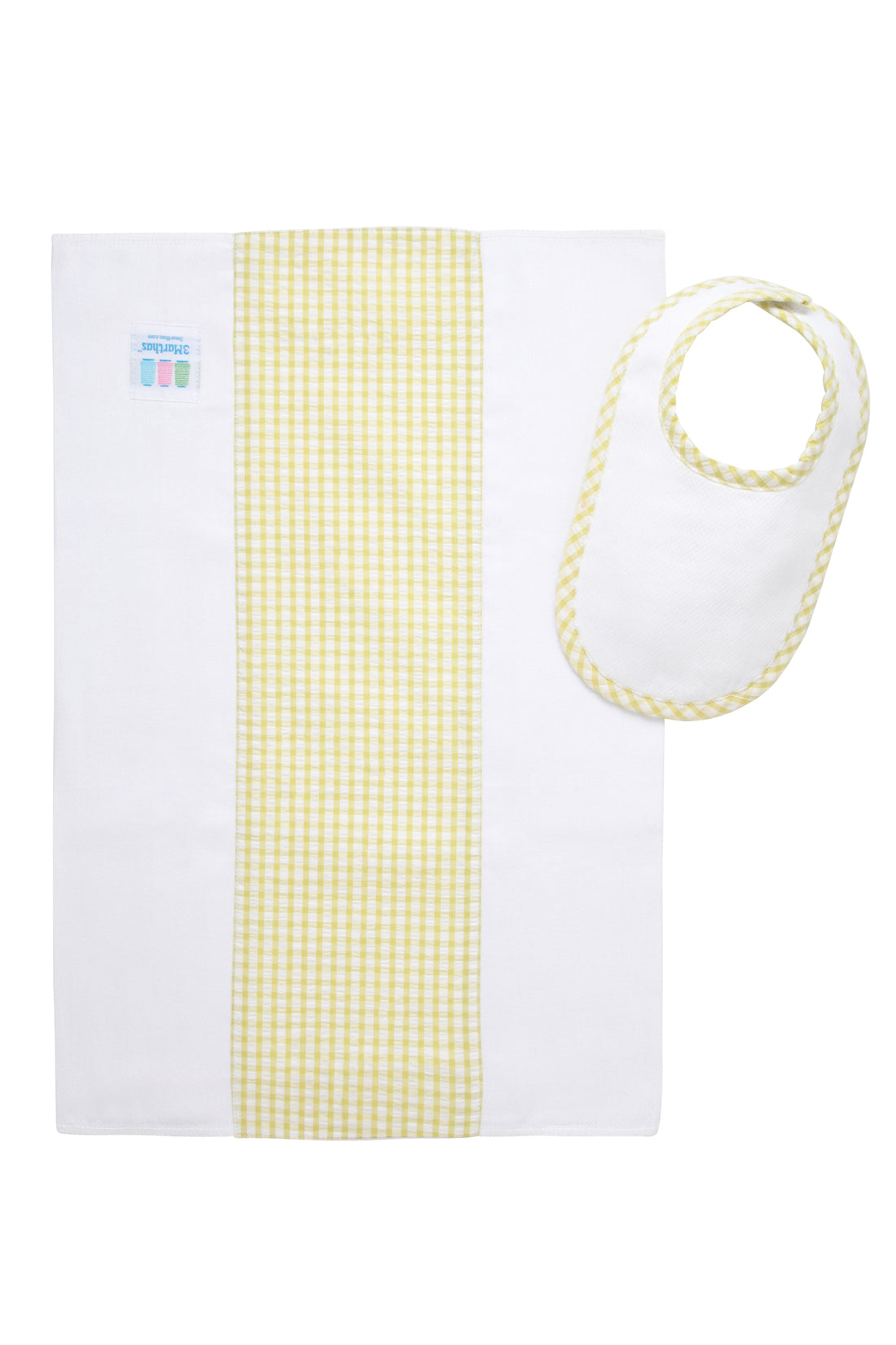 Cotton newborn bib and burp set for baby with green gingham check fabric, 3 Marthas