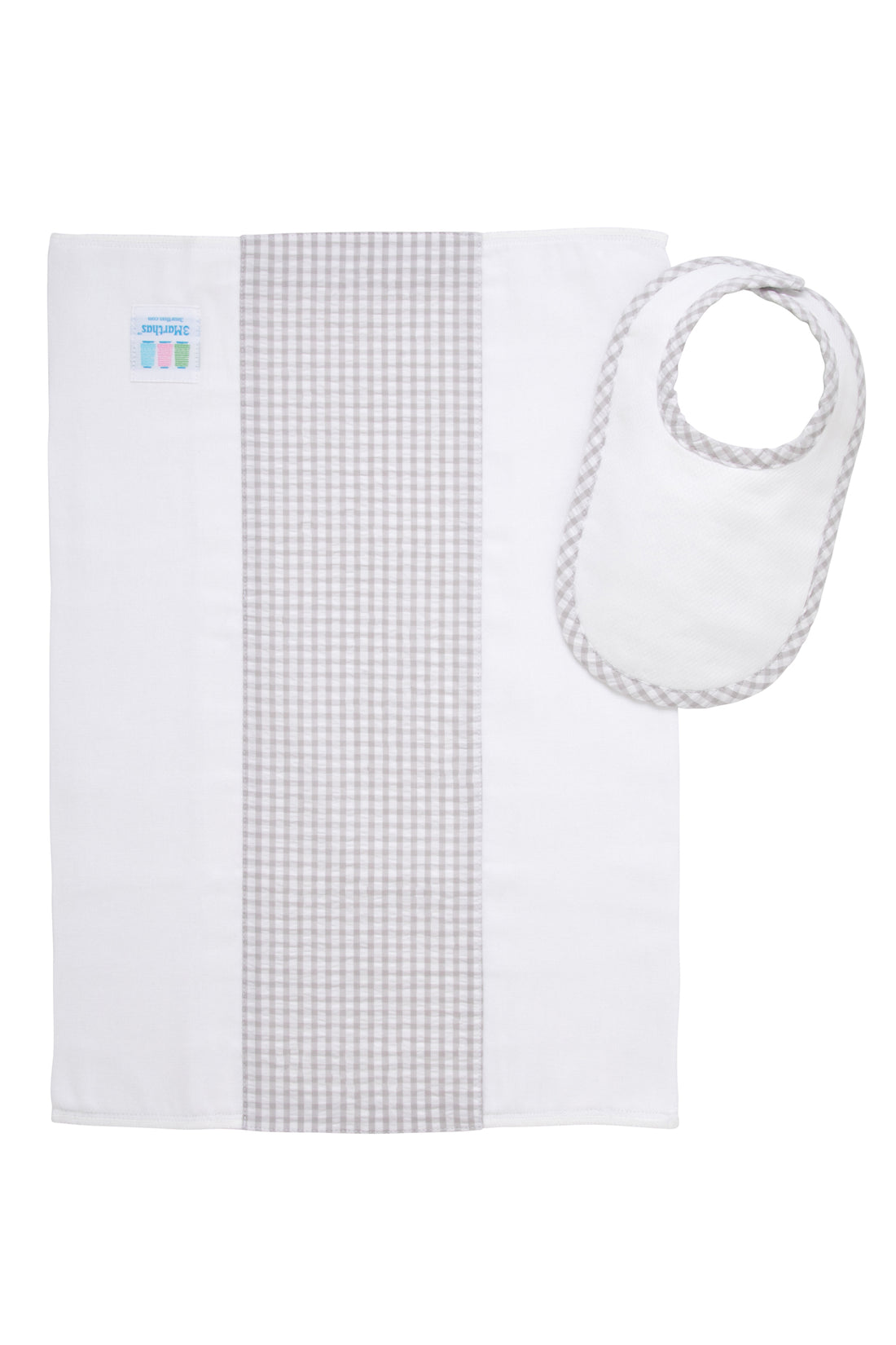 Cotton newborn bib and burp set for baby with gray gingham check fabric, 3 Marthas