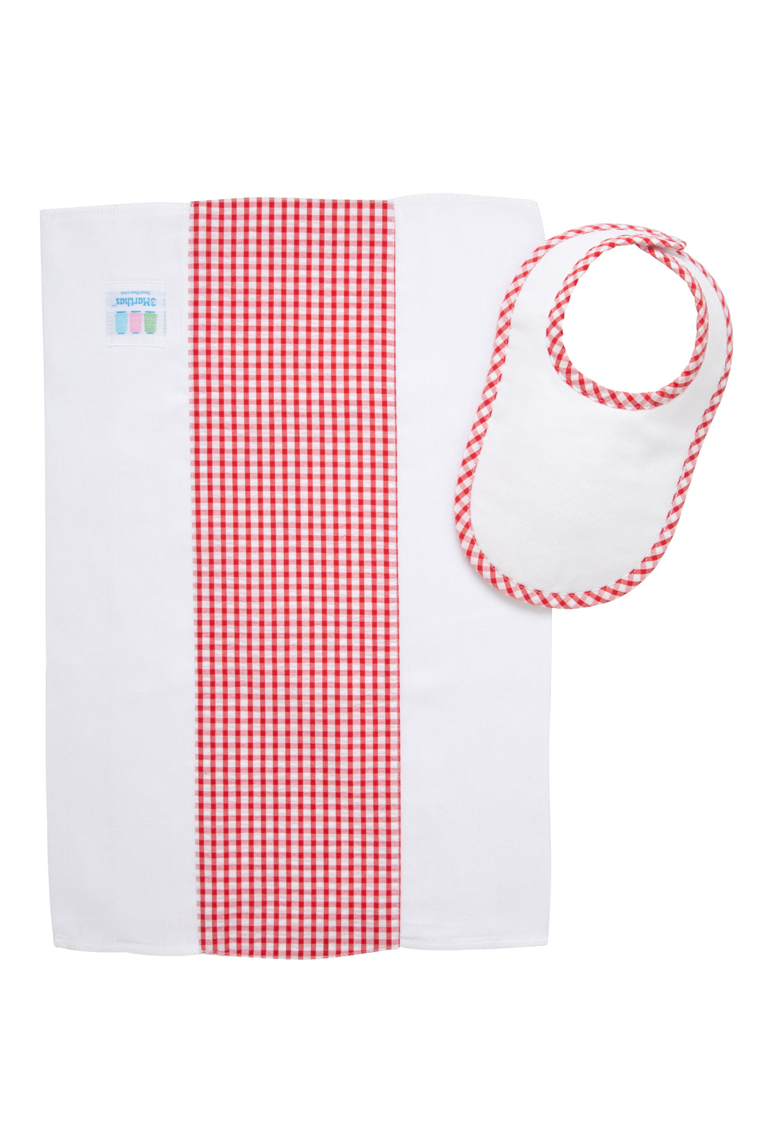 Cotton newborn bib and burp set for baby with red gingham check fabric, 3 Marthas
