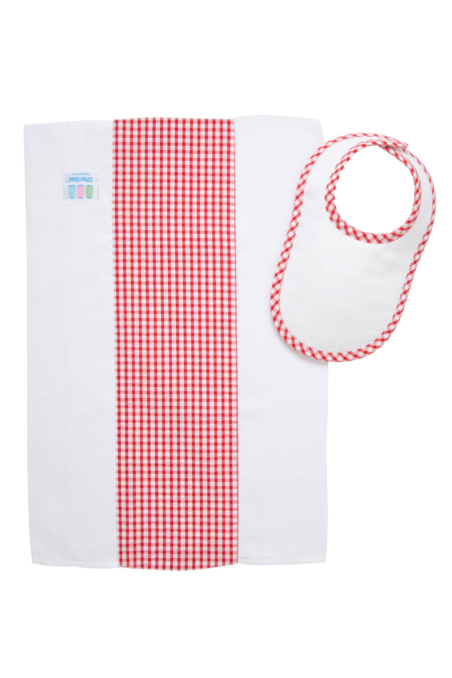 Cotton newborn bib and burp set for baby with red gingham check fabric, 3 Marthas
