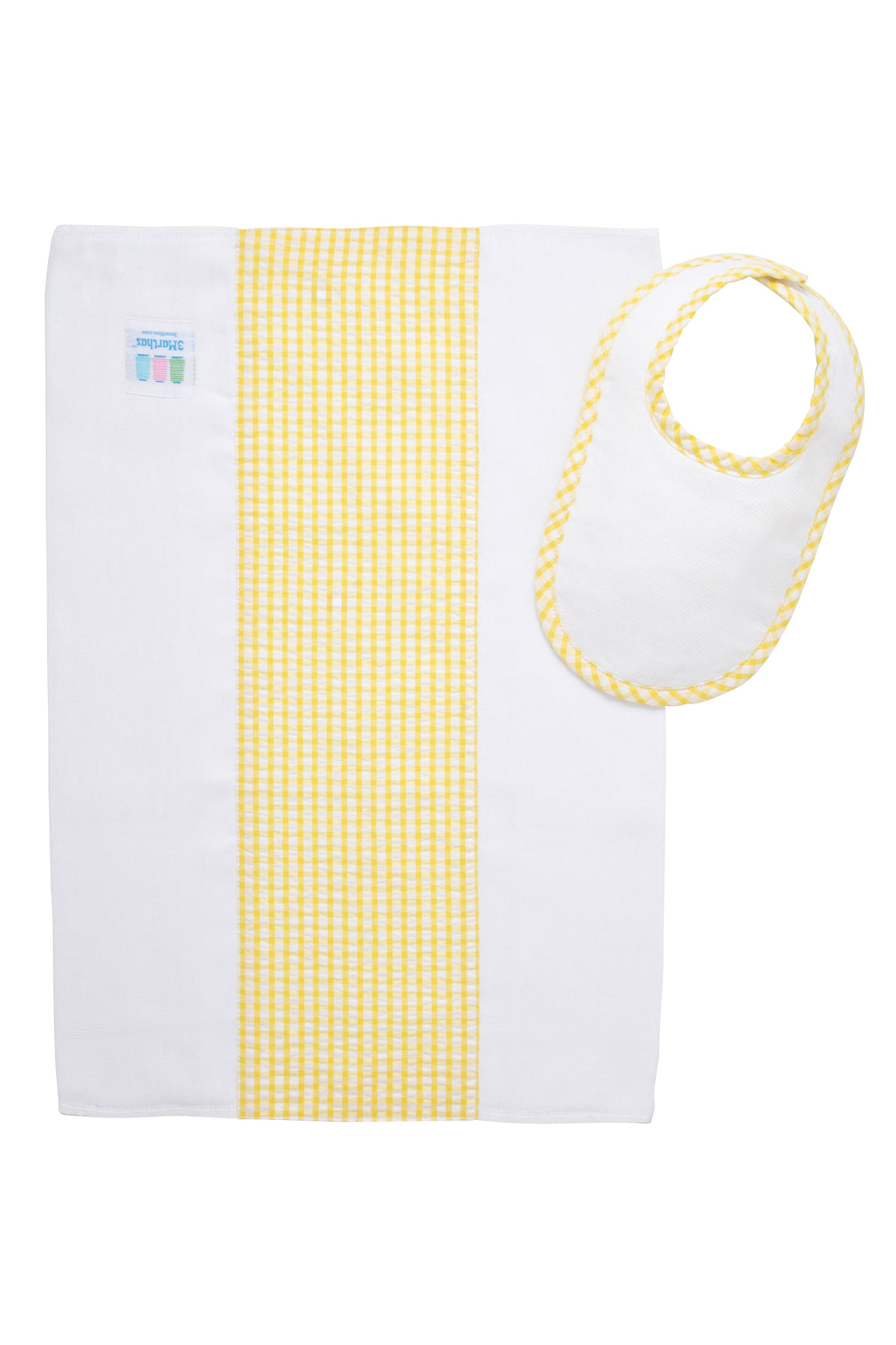 Cotton newborn bib and burp set for baby with yellow gingham check fabric, 3 Marthas