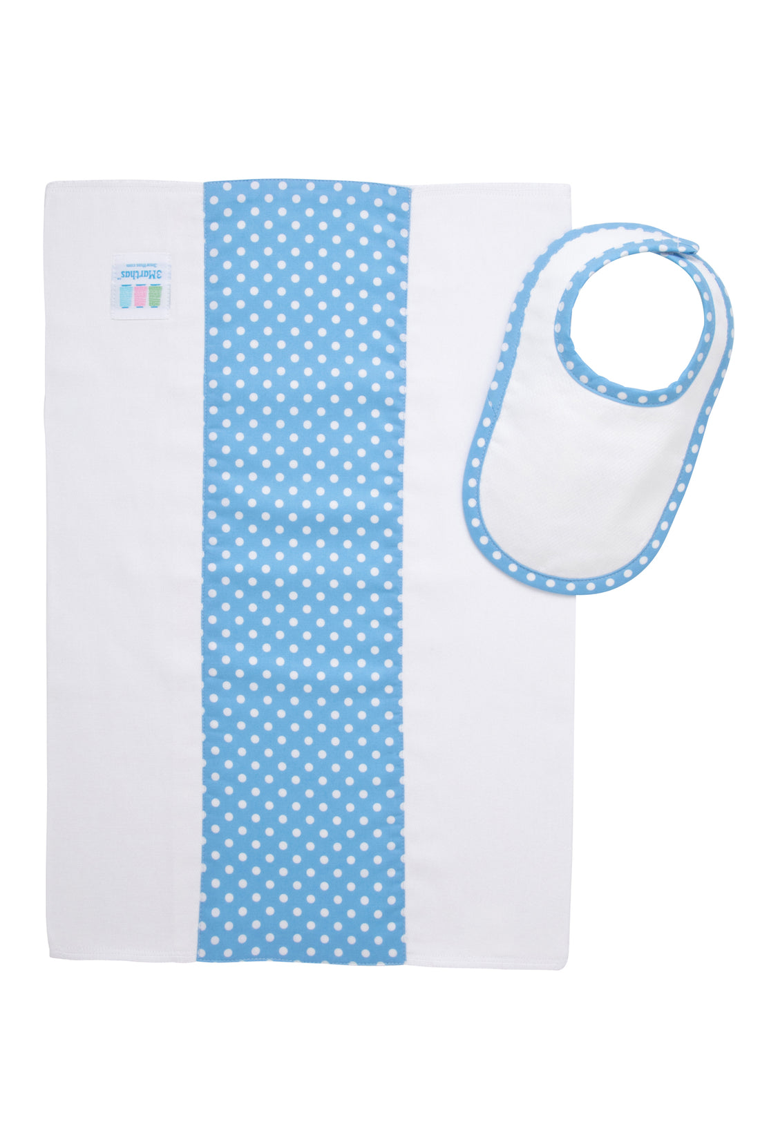 Cotton newborn bib and burp set for baby with blue dot fabric, 3 Marthas