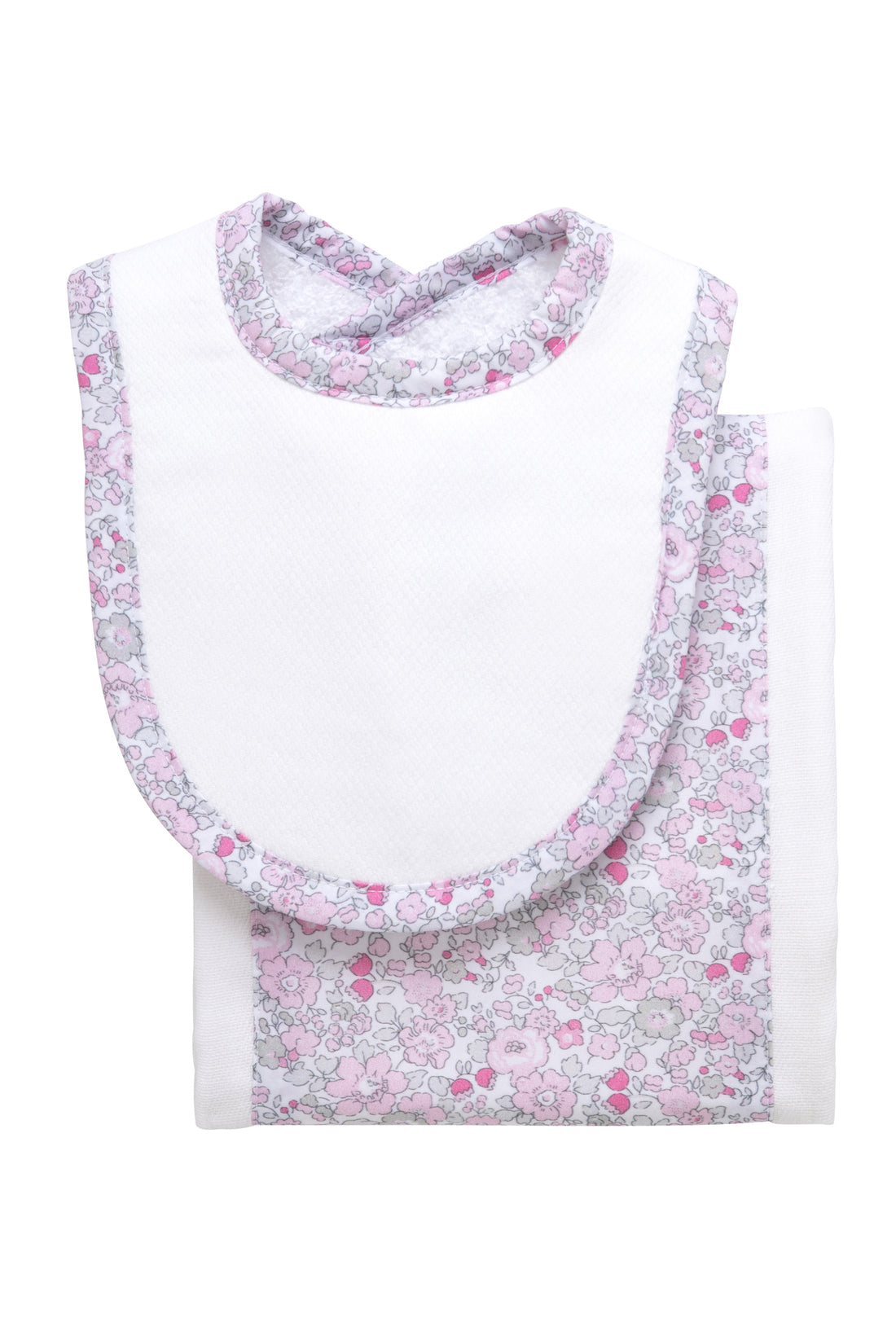 Cotton newborn bib and burp set for baby with pink floral fabric, 3 Marthas