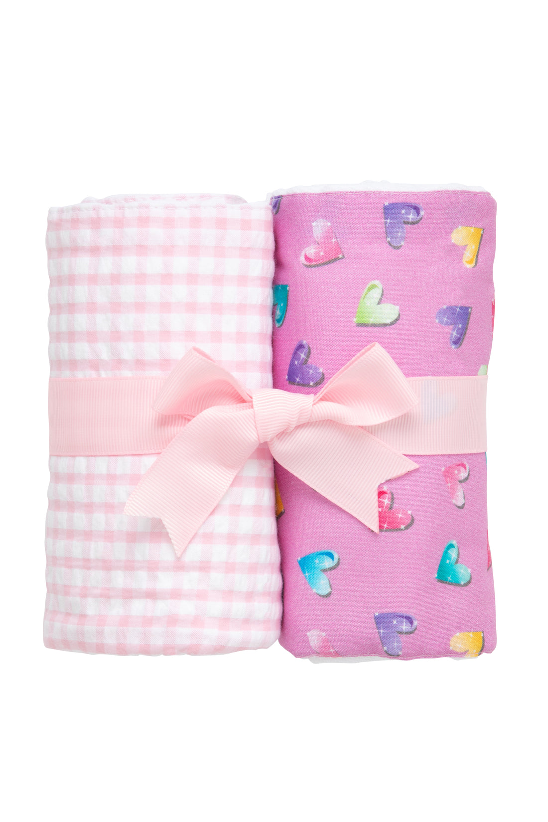 Two cotton burp cloths for baby with multi hearts print and pink gingham check fabric, 3 Marthas