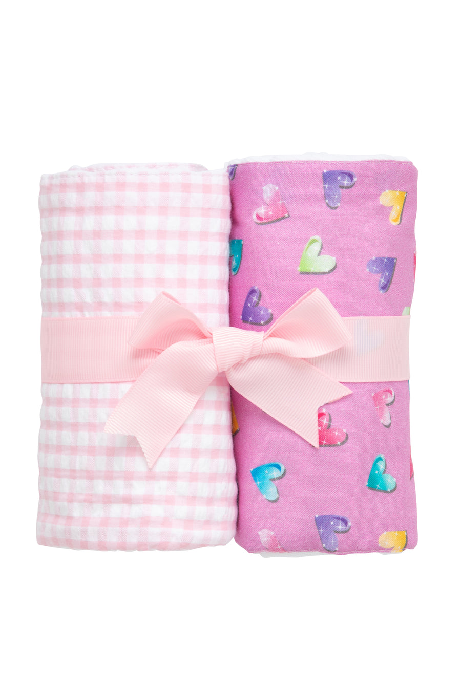 Two cotton burp cloths for baby with multi hearts print and pink gingham check fabric, 3 Marthas