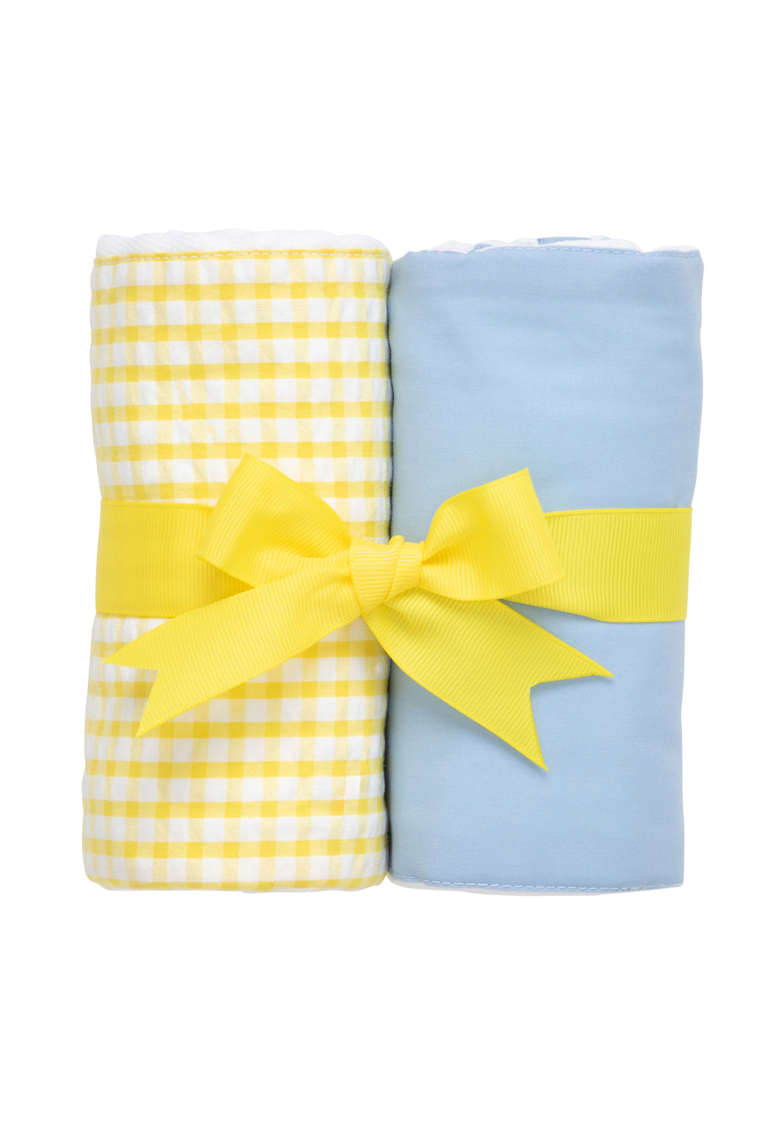 Two cotton burp cloths for baby with blue solid and yellow gingham check fabric, 3 Marthas
