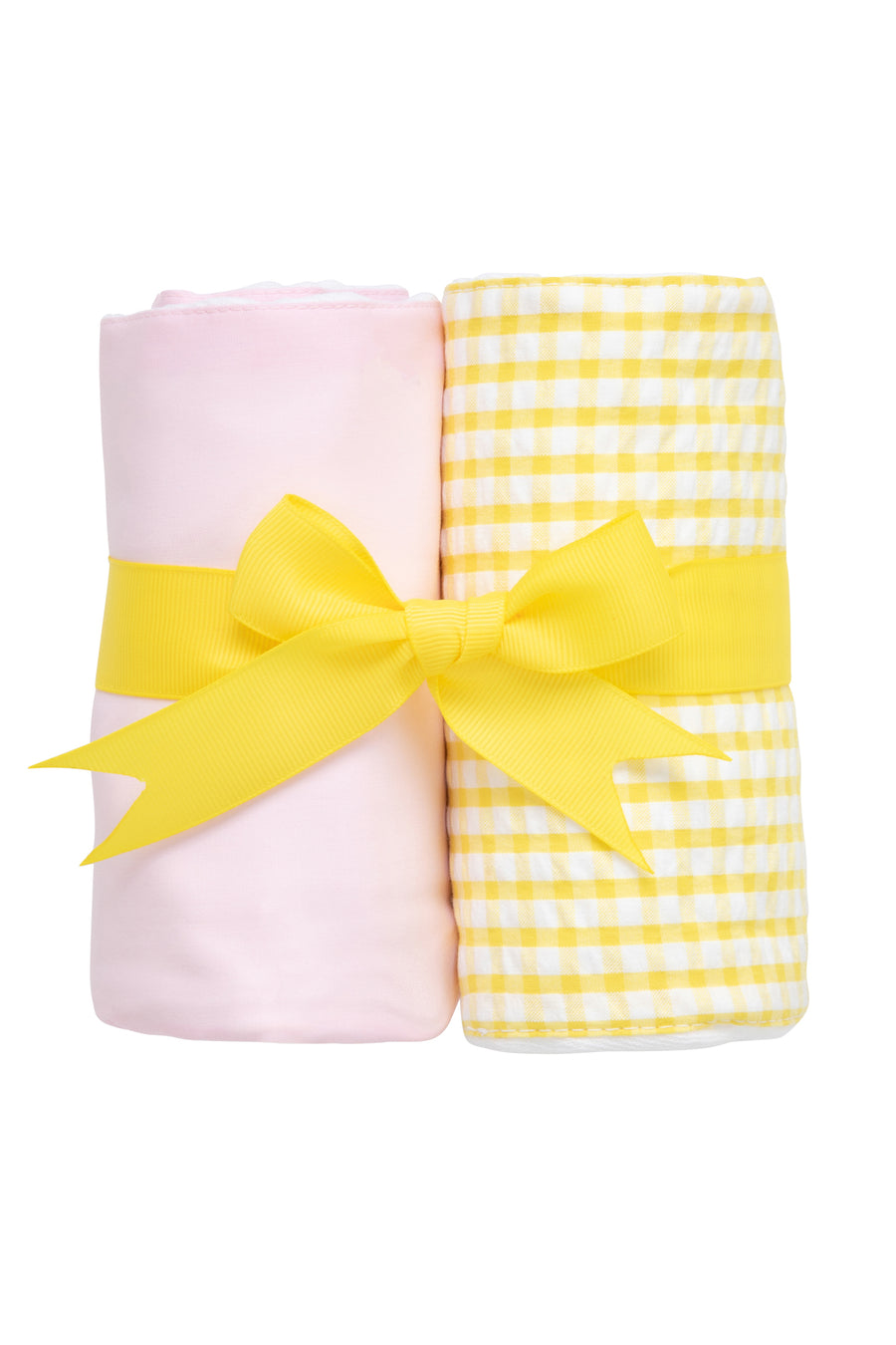Two cotton burp cloths for baby with pink solid and yellow gingham check fabric, 3 Marthas
