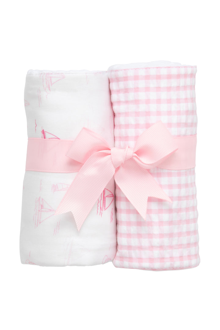 Two cotton burp cloths for baby with pink sailboat print and pink gingham check fabric, 3 Marthas