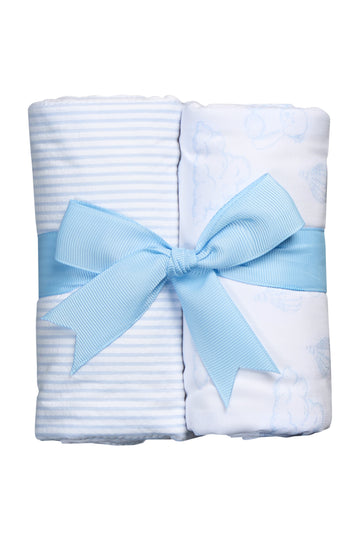 Two cotton burp cloths for baby with blue teddy bear toile and stripe fabric, 3 Marthas