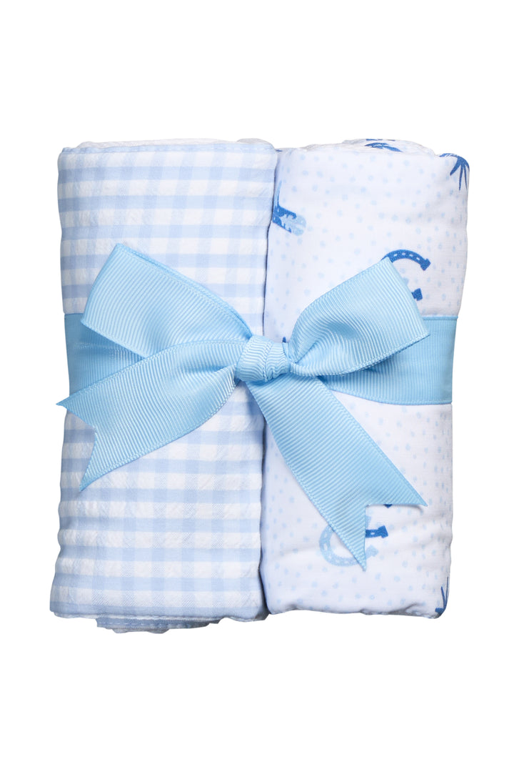 Two cotton burp cloths for baby with blue cowboy and gingham fabric, 3 Marthas