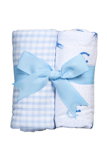 Two cotton burp cloths for baby with blue cowboy and gingham fabric, 3 Marthas