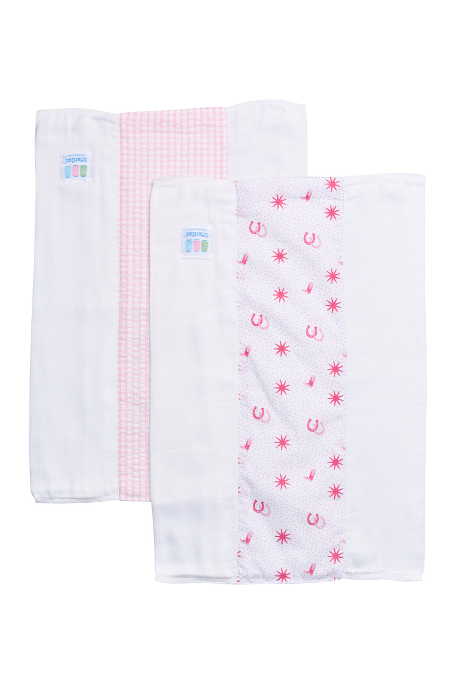 Two cotton burp cloths for baby with pink cowgirl and gingham fabric, 3 Marthas