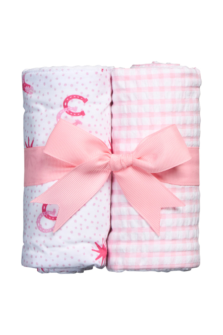 Two cotton burp cloths for baby with pink cowgirl and gingham fabric, 3 Marthas