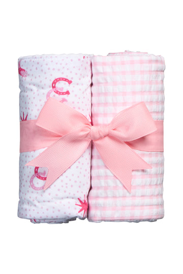 Two cotton burp cloths for baby with pink cowgirl and gingham fabric, 3 Marthas