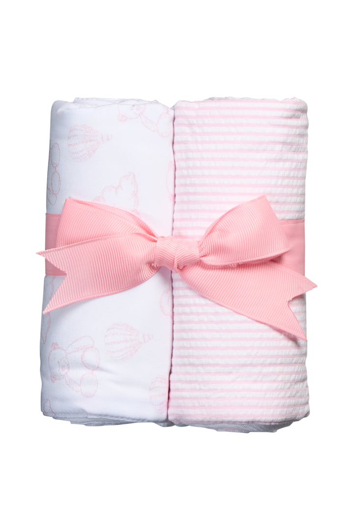 Two cotton burp cloths for baby with pink teddy bear toile and stripe fabric, 3 Marthas