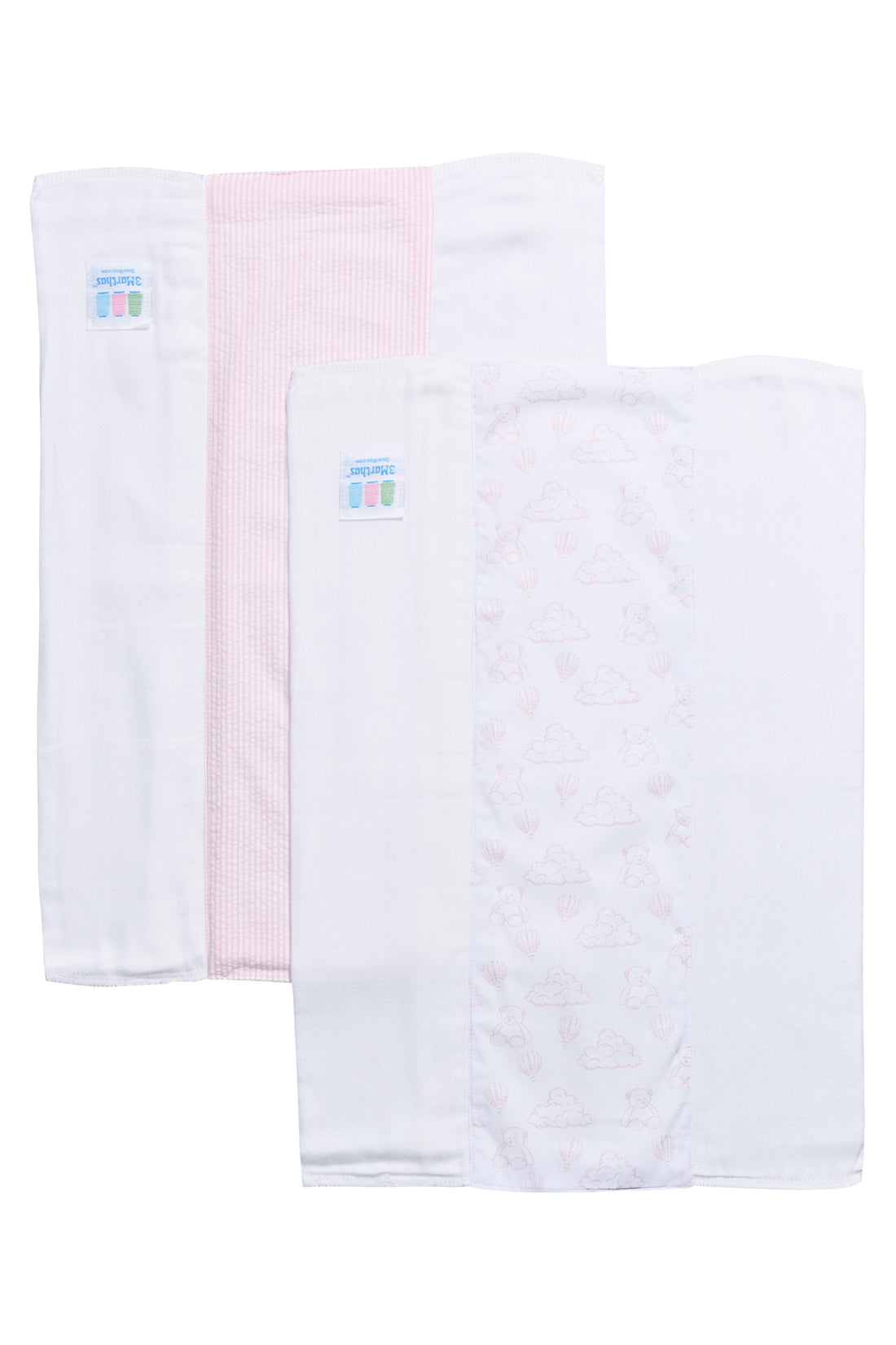 Two cotton burp cloths for baby with pink teddy bear toile and stripe fabric, 3 Marthas