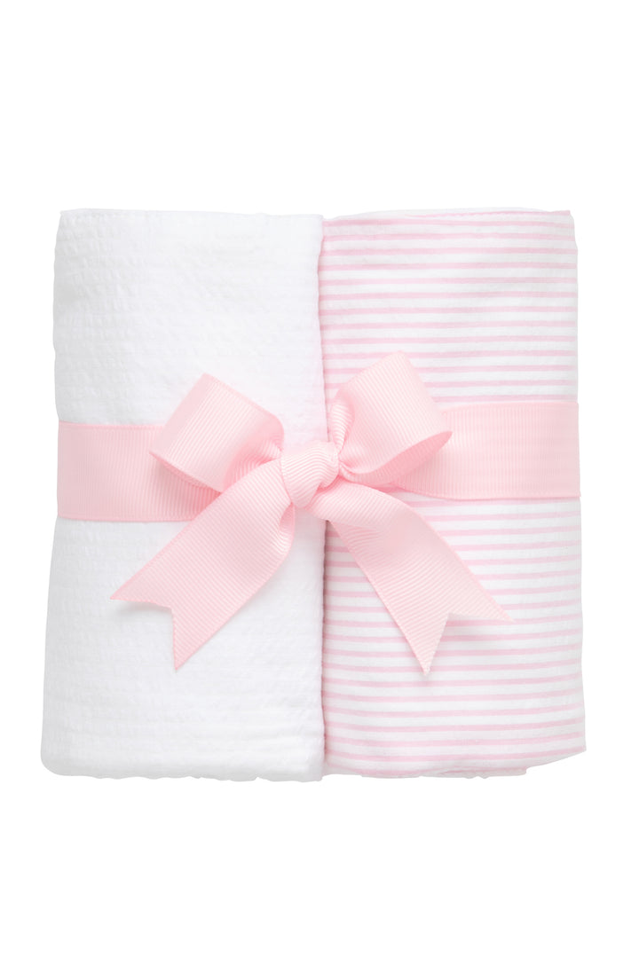 Two cotton burp cloths for baby with pink and white seersucker stripe fabric, 3 Marthas