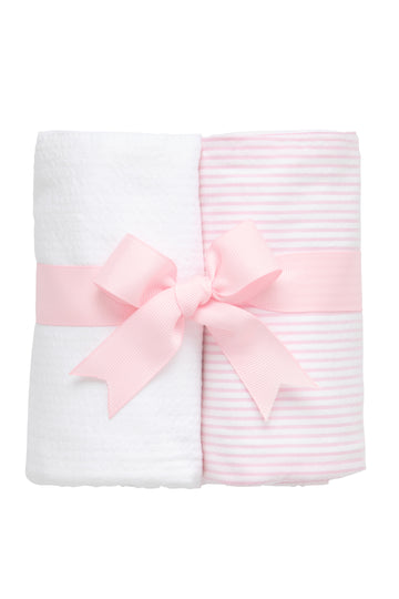 Two cotton burp cloths for baby with pink and white seersucker stripe fabric, 3 Marthas