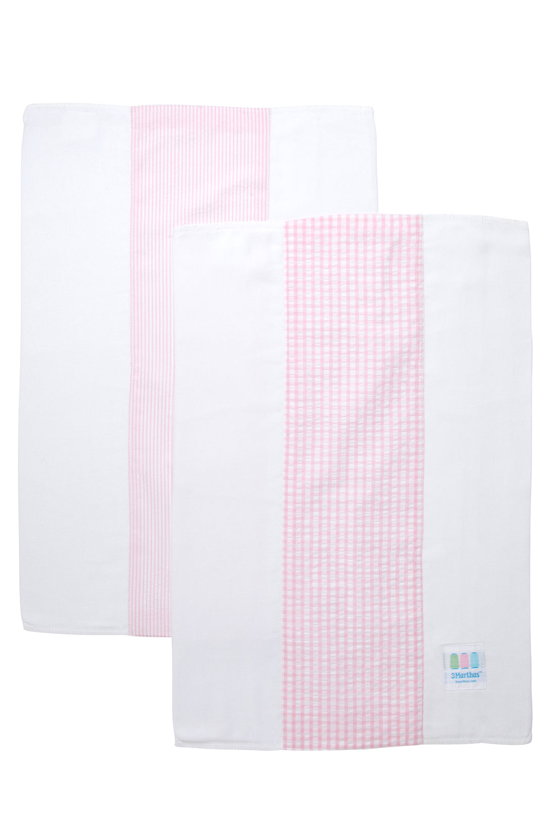 Two cotton burp cloths for baby with pink gingham check and seersucker stripe fabric, 3 Marthas
