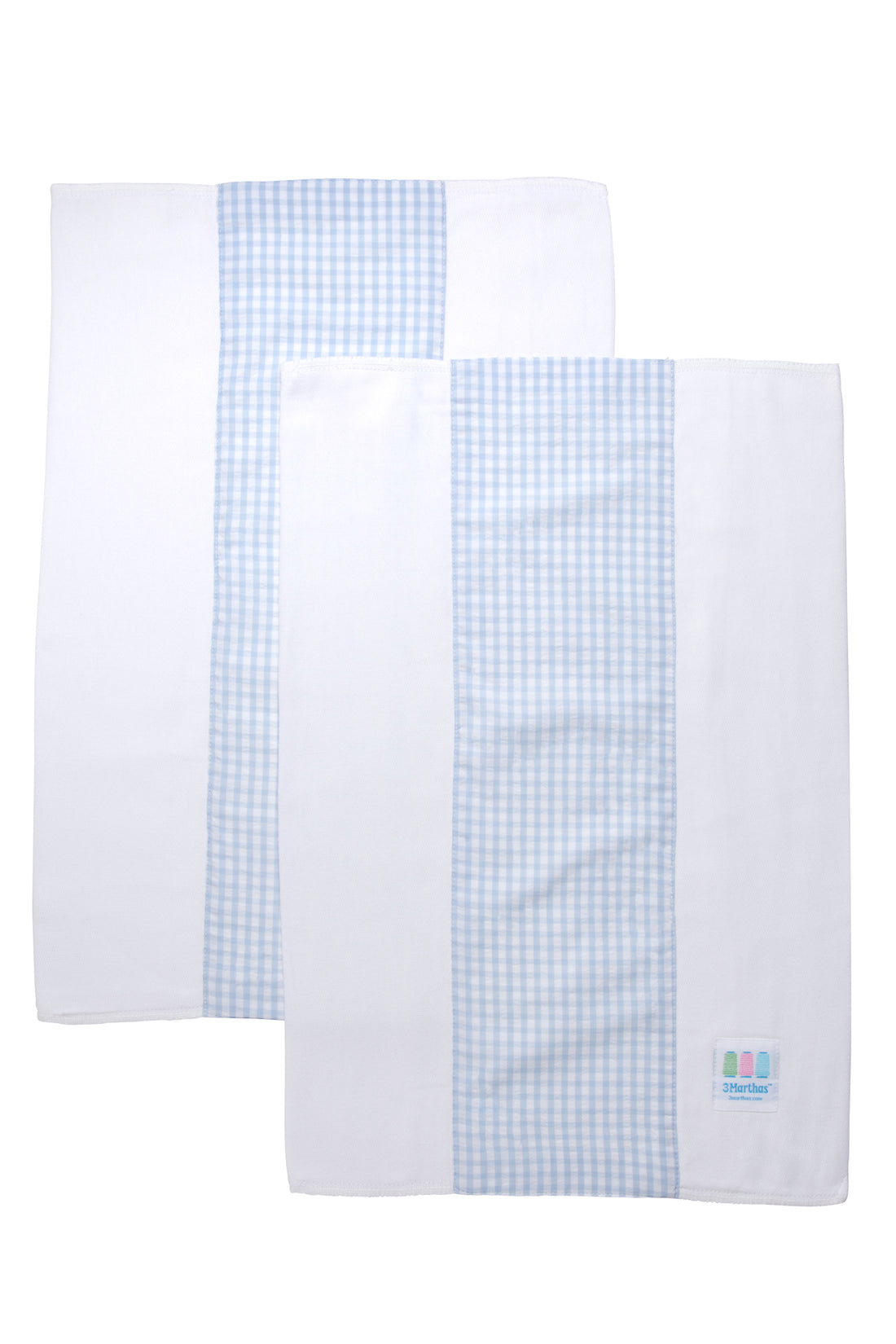 Two cotton burp cloths for baby with blue gingham check fabric, 3 Marthas