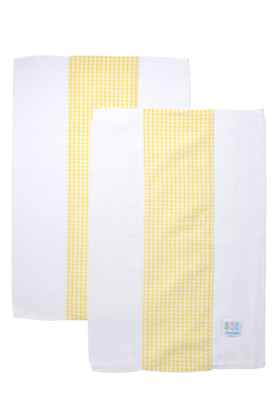 Two cotton burp cloths for baby with yellow gingham check fabric, 3 Marthas