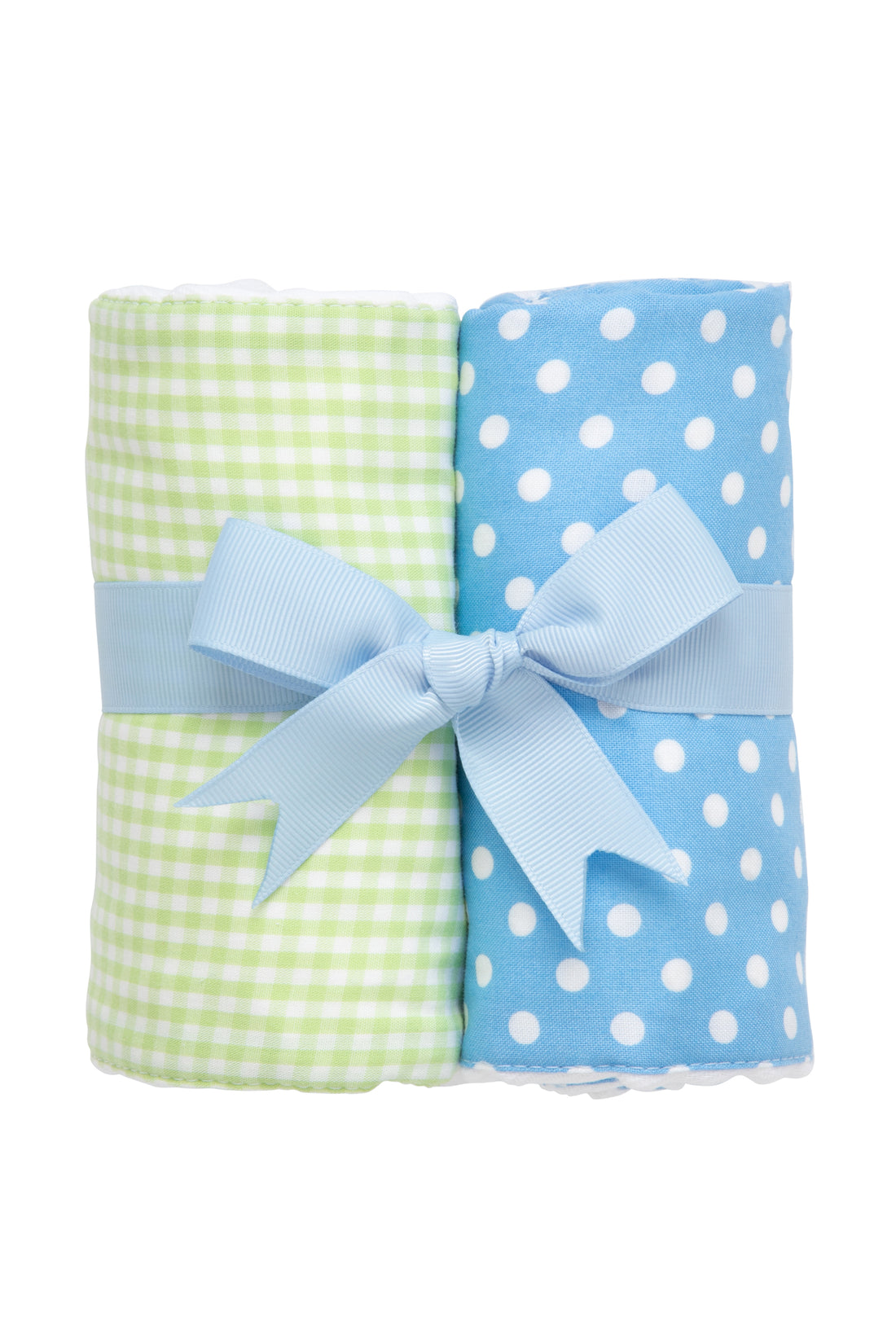 Two cotton burp cloth for baby with blue dot print and green gingham check fabric, 3 Marthas