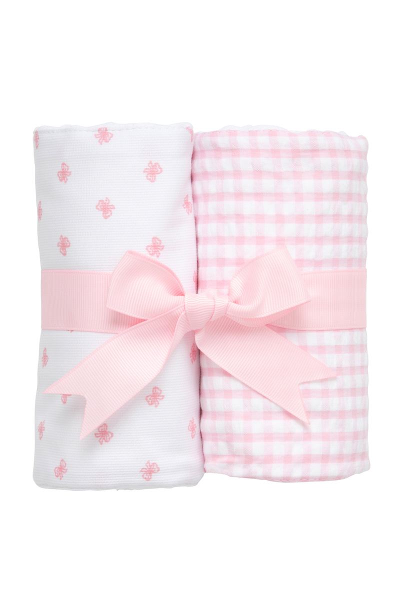 Two cotton burp cloths for baby with pink bow print and gingham check fabric, 3 Marthas