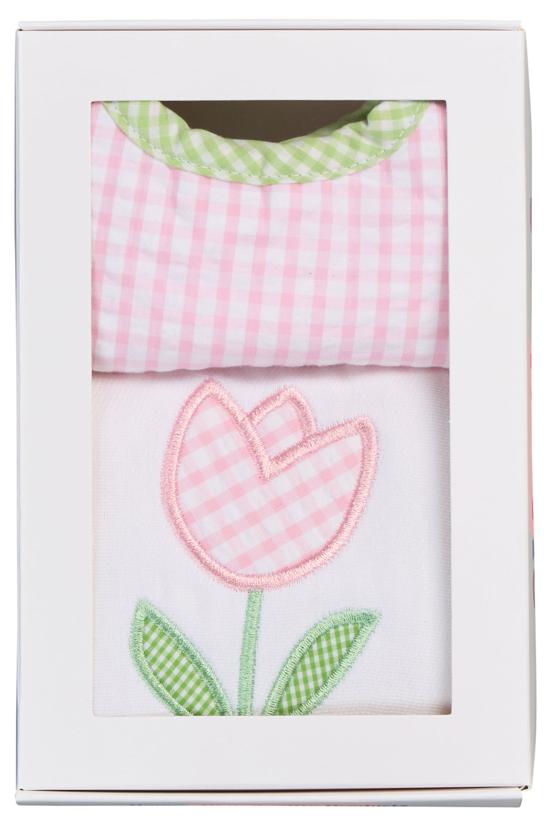 Cotton bib for baby girl with pink and green gingham check and burp cloth with tulip applique, 3 Marthas