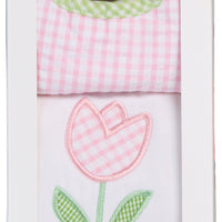 Cotton bib for baby girl with pink and green gingham check and burp cloth with tulip applique, 3 Marthas