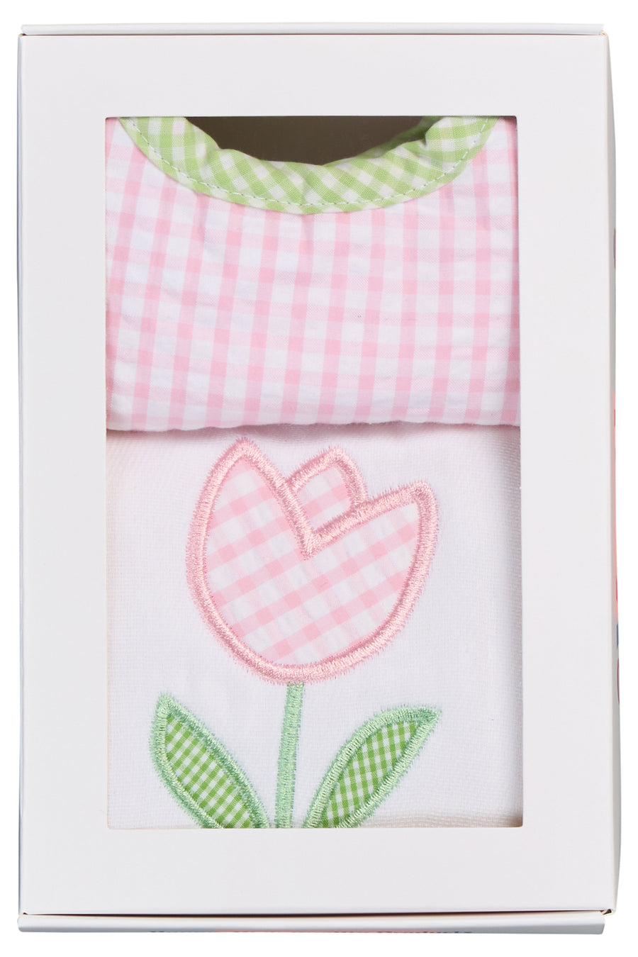 Cotton bib for baby girl with pink and green gingham check and burp cloth with tulip applique, 3 Marthas