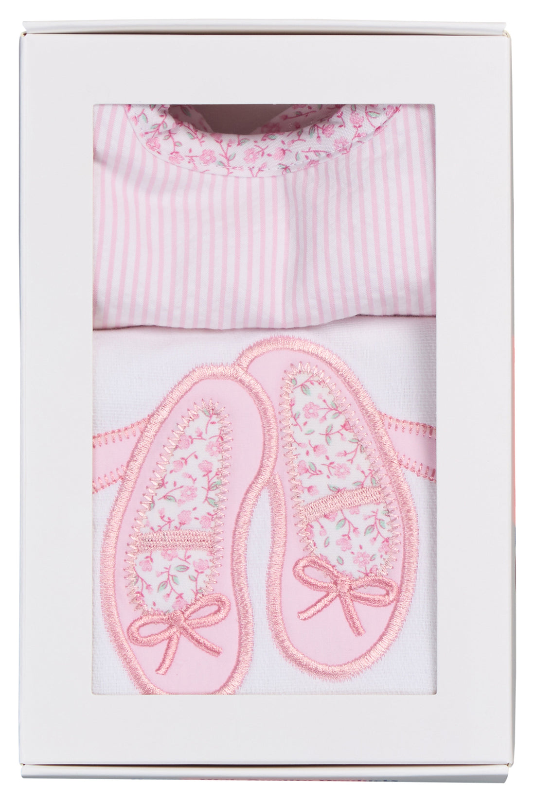 Cotton bib for baby with pink seersucker stripe and floral fabric and burp with ballet slippers applique, 3 Marthas