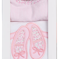 Cotton bib for baby with pink seersucker stripe and floral fabric and burp with ballet slippers applique, 3 Marthas