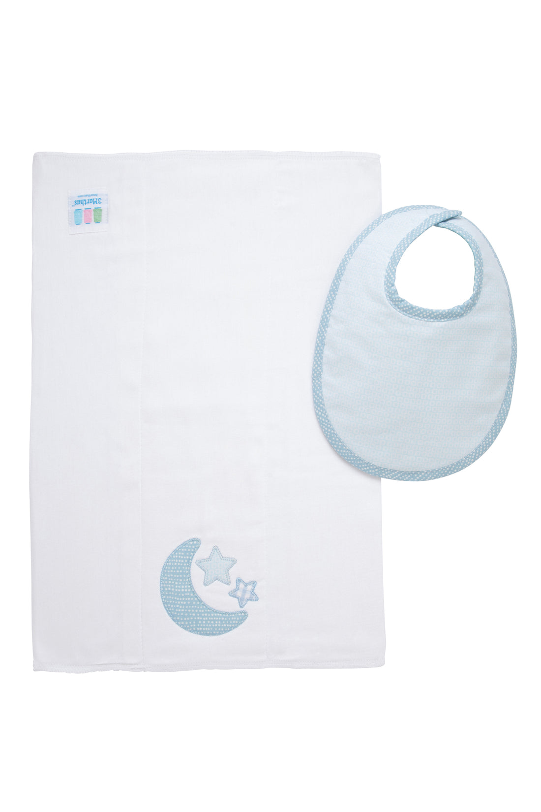 Cotton bib for baby boy with blue dot fabric and burp cloth with blue moon and stars applique, 3 Marthas