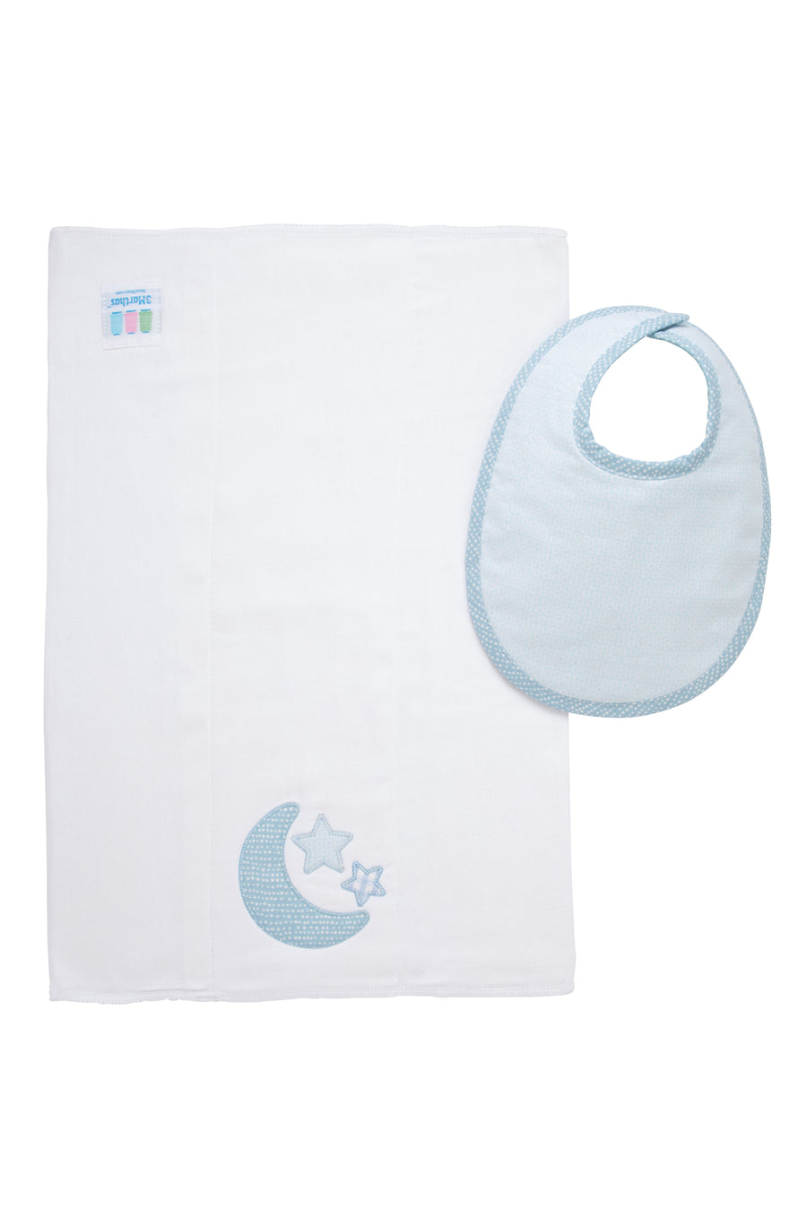 Cotton bib for baby boy with blue dot fabric and burp cloth with blue moon and stars applique, 3 Marthas