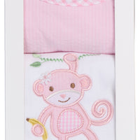 Cotton bib for baby girl with pink seersucker stripe and gingham check fabric and burp cloth with pink monkey applique, 3 Marthas