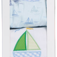 Cotton bib for baby boy with blue sailboat print fabric and blue gingham check trim and burp cloth with green sailboat applique, 3 Marthas