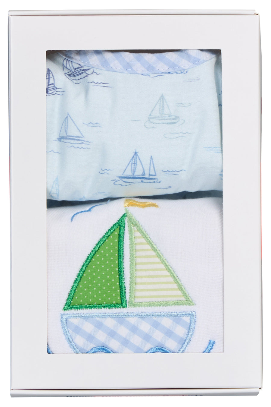 Cotton bib for baby boy with blue sailboat print fabric and blue gingham check trim and burp cloth with green sailboat applique, 3 Marthas
