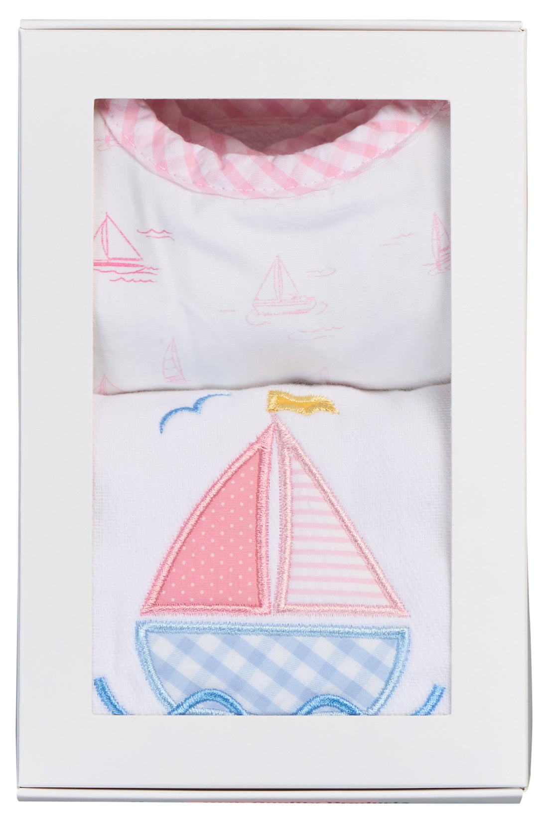 Cotton bib for baby girl with pink sailboat print fabric and pink gingham check trim and burp cloth with pink sailboat applique, 3 Marthas