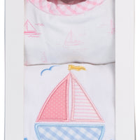 Cotton bib for baby girl with pink sailboat print fabric and pink gingham check trim and burp cloth with pink sailboat applique, 3 Marthas