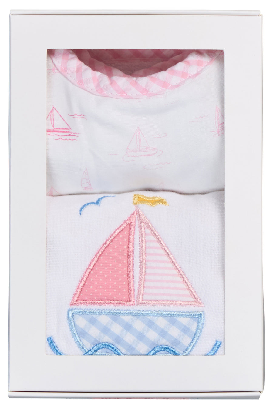 Cotton bib for baby girl with pink sailboat print fabric and pink gingham check trim and burp cloth with pink sailboat applique, 3 Marthas